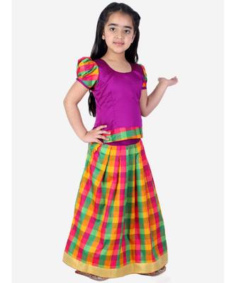 GirlsHalf Sleeve South Indian Pavda Pattu Lehenga  Purple 4