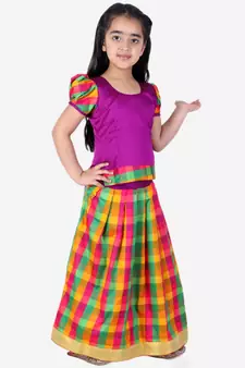 GirlsHalf Sleeve South Indian Pavda Pattu Lehenga  Purple