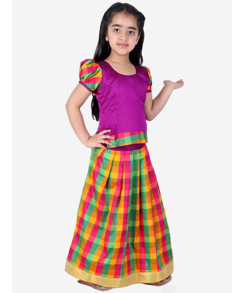 GirlsHalf Sleeve South Indian Pavda Pattu Lehenga  Purple
