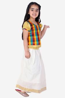 GirlsHalf Sleeve South Indian Pavda Pattu Lehenga  Multicolor