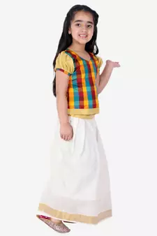 GirlsHalf Sleeve South Indian Pavda Pattu Lehenga  Multicolor