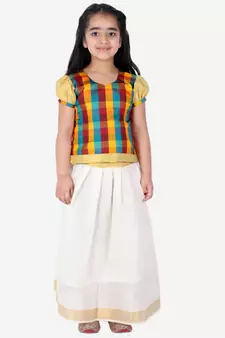 GirlsHalf Sleeve South Indian Pavda Pattu Lehenga  Multicolor