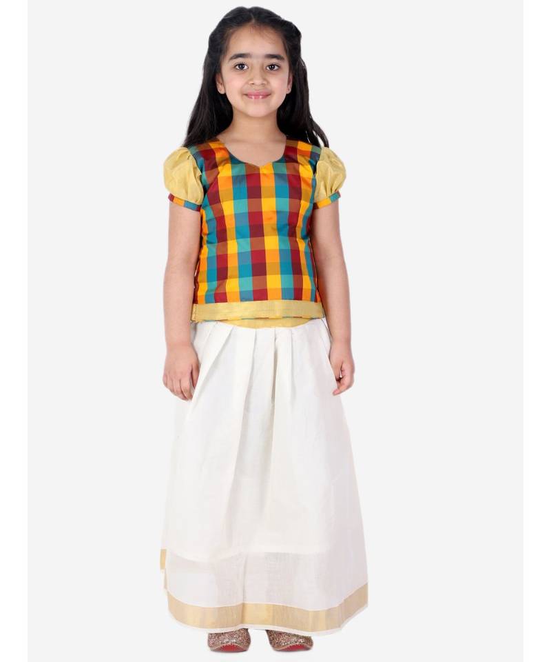 GirlsHalf Sleeve South Indian Pavda Pattu Lehenga  Multicolor