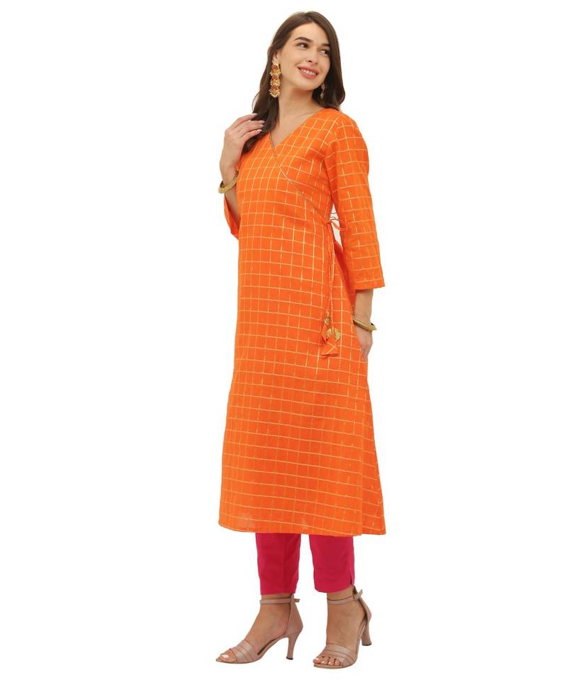 Desire  Orange  Cotton  Printed  Kurta