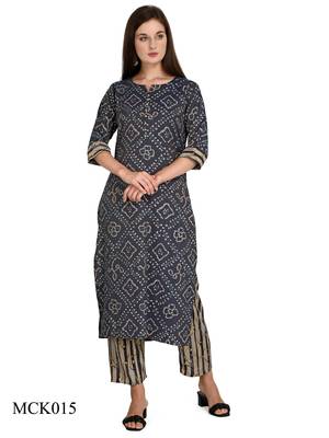 Rayon Fabric Fully Stitched Print Straight Kurti with Pant for Women & Girls on Jeans Palazzo or Skirt (Dark Blue) 1