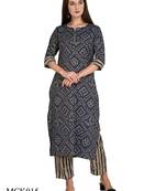 Rayon Fabric Fully Stitched Print Straight Kurti with Pant for Women & Girls on Jeans Palazzo or Skirt (Dark Blue)