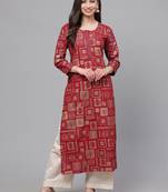 Indo Era Red Foil Geometric Printed Straight Kurtas