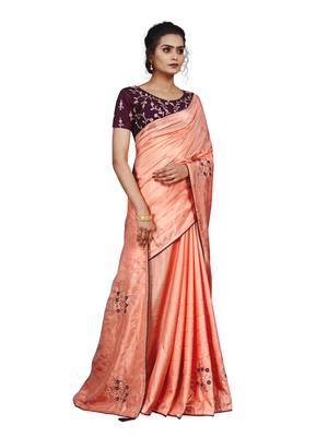 Pink embroidered faux art silk sarees saree with blouse 4