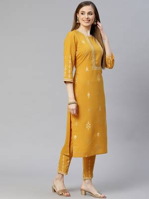 Mustard printed rayon kurta-sets 2