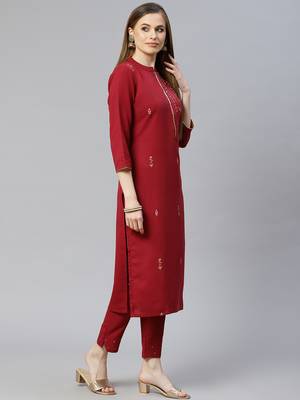 Maroon printed rayon kurta-sets 2