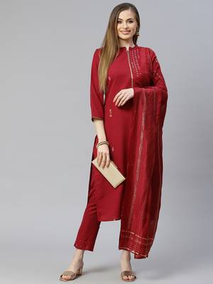 Maroon printed rayon kurta-sets 5