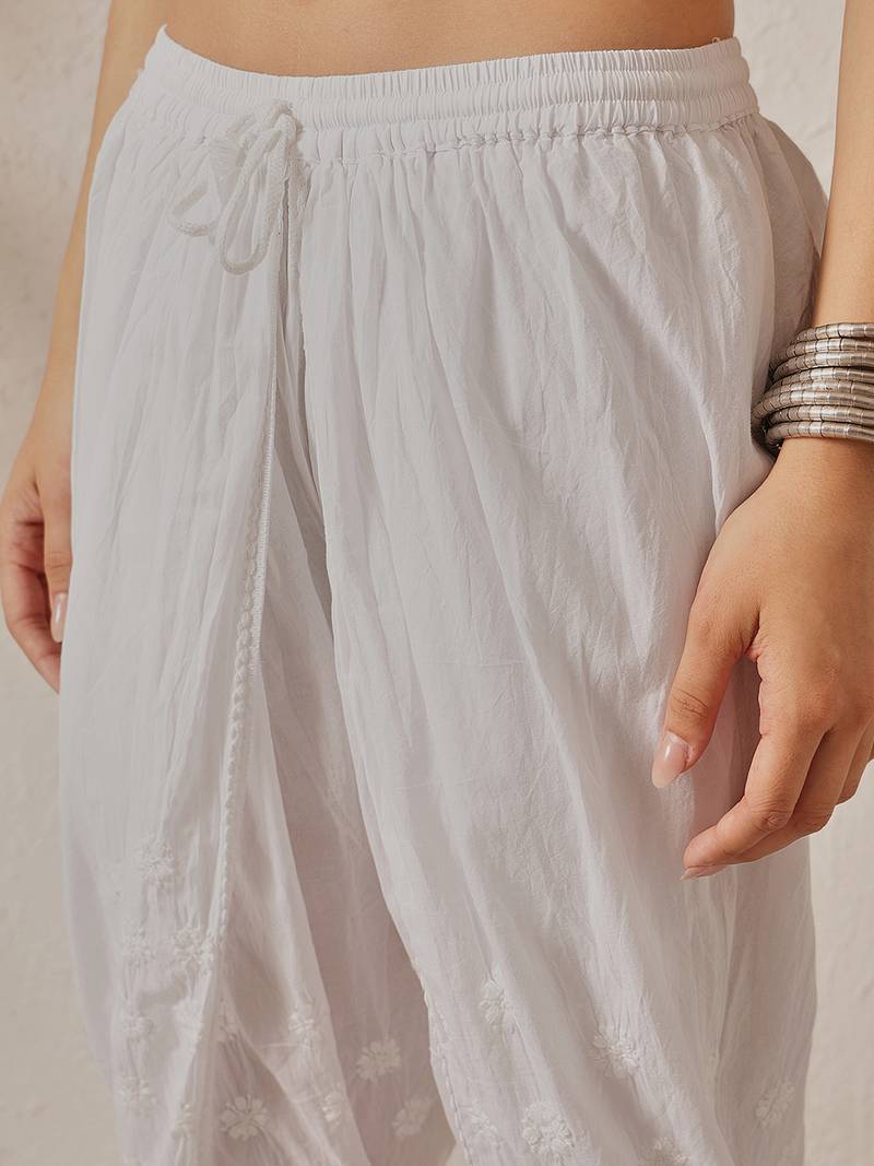 Hand Embroidered White Cotton Lucknowi Chikan Women Dhoti