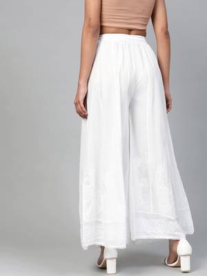 Women Hand Embroidered White Cotton Lucknow Chikan Palazzo 3