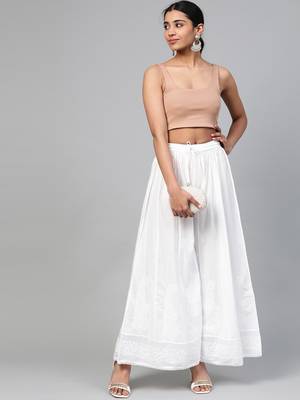 Women Hand Embroidered White Cotton Lucknow Chikan Palazzo 4