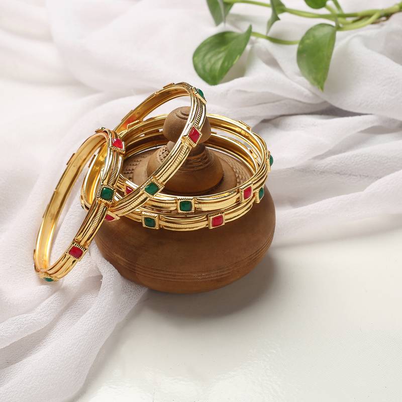 Fashionable, Stylish Designer Ruby Stone Traditional Gold Plated Pair of Bangles Stylish and Fancy Bangles for Women