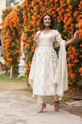 cotton gold printed angrakha kurti pant 