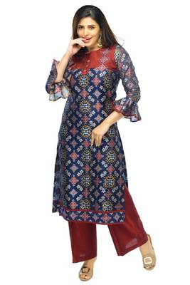 Dark-navy-blue woven viscose ethnic-kurtis 1