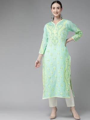 Hand Embroidered Sea Green Cotton Lucknow Chikan Women Kurta 1