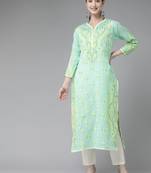 Hand Embroidered Sea Green Cotton Lucknow Chikan Women Kurta