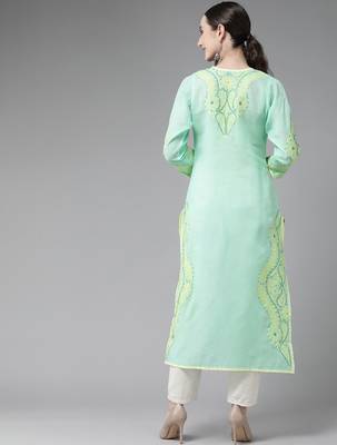 Hand Embroidered Sea Green Cotton Lucknow Chikan Women Kurta 2