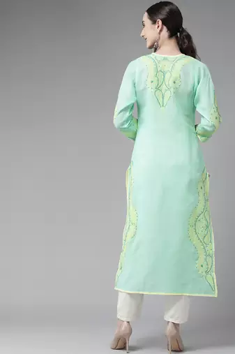 Hand Embroidered Sea Green Cotton Lucknow Chikan Women Kurta