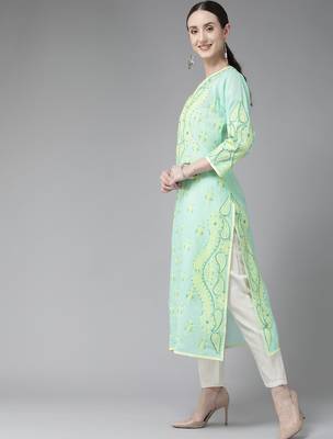 Hand Embroidered Sea Green Cotton Lucknow Chikan Women Kurta 3