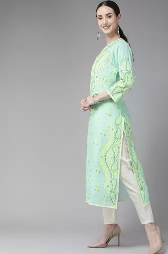 Hand Embroidered Sea Green Cotton Lucknow Chikan Women Kurta