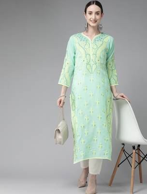 Hand Embroidered Sea Green Cotton Lucknow Chikan Women Kurta 4