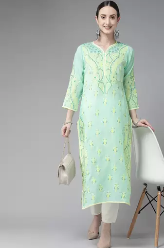 Hand Embroidered Sea Green Cotton Lucknow Chikan Women Kurta