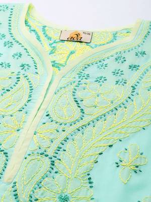 Hand Embroidered Sea Green Cotton Lucknow Chikan Women Kurta 5