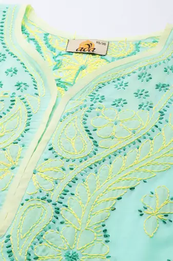 Hand Embroidered Sea Green Cotton Lucknow Chikan Women Kurta