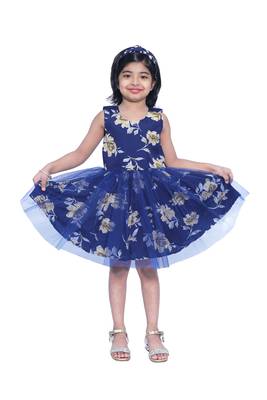 Baby Girl's Blue Flower Desgin Round Neck Polycrepe Sleeveless Knee Length Dress(WLT-271_1-2 Years) 1