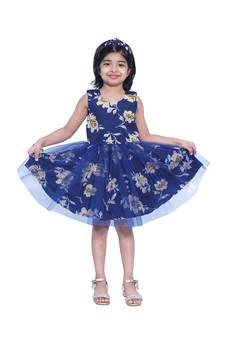Baby Girl's Blue Flower Desgin Round Neck Polycrepe Sleeveless Knee Length Dress(WLT-271_1-2 Years)