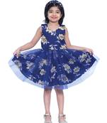 Baby Girl's Blue Flower Desgin Round Neck Polycrepe Sleeveless Knee Length Dress(WLT-271_1-2 Years)