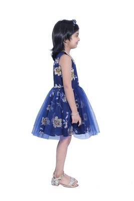 Baby Girl's Blue Flower Desgin Round Neck Polycrepe Sleeveless Knee Length Dress(WLT-271_1-2 Years) 2