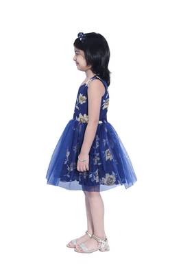 Baby Girl's Blue Flower Desgin Round Neck Polycrepe Sleeveless Knee Length Dress(WLT-271_1-2 Years) 3