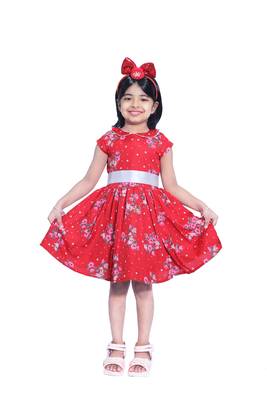 Baby Girl's Red Flower Desgin Round Neck Polycrepe Sleeveless Knee Length Dress(WLT-272_1-2 Years) 1