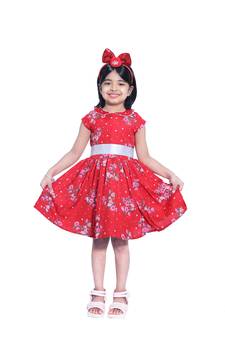 Baby Girl's Red Flower Desgin Round Neck Polycrepe Sleeveless Knee Length Dress(WLT-272_1-2 Years)
