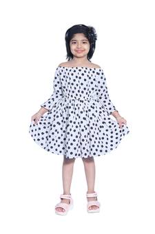 Baby Girl's White Polka Dot Off Shoulder Neck Polycrepe Sleeveless Knee Length Dress(WLT-273_1-2 Years)