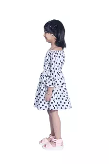 Baby Girl's White Polka Dot Off Shoulder Neck Polycrepe Sleeveless Knee Length Dress(WLT-273_1-2 Years)