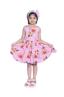 Baby Girl's Pink Flower Desgin Round Neck Polycrepe Sleeveless Knee Length Dress(WLT-274_1-2 Years)
