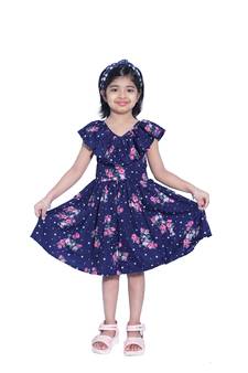 Baby Girl's Blue Flower Desgin V Neck Polycrepe Sleeveless Knee Length Dress(WLT-275_1-2 Years)