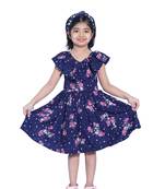 Baby Girl's Blue Flower Desgin V Neck Polycrepe Sleeveless Knee Length Dress(WLT-275_1-2 Years)