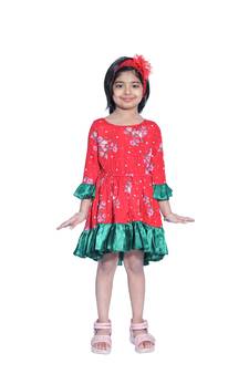 Baby Girl's Red Flower Desgin Round Neck Back Key Hole Polycrepe 3/4 Sleeve Knee Length Dress(WLT-276_1-2 Years)
