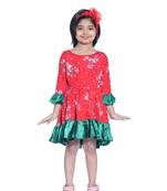 Baby Girl's Red Flower Desgin Round Neck Back Key Hole Polycrepe 3/4 Sleeve Knee Length Dress(WLT-276_1-2 Years)