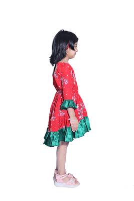 Baby Girl's Red Flower Desgin Round Neck Back Key Hole Polycrepe 3/4 Sleeve Knee Length Dress(WLT-276_1-2 Years) 2