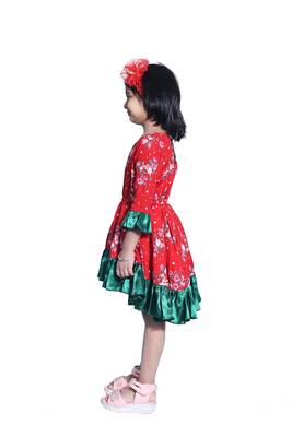 Baby Girl's Red Flower Desgin Round Neck Back Key Hole Polycrepe 3/4 Sleeve Knee Length Dress(WLT-276_1-2 Years) 3