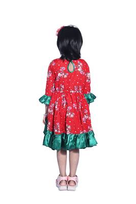 Baby Girl's Red Flower Desgin Round Neck Back Key Hole Polycrepe 3/4 Sleeve Knee Length Dress(WLT-276_1-2 Years) 4