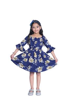 Baby Girl's Blue Flower Desgin Square Neck Polycrepe 3/4 Sleeve Knee Length Dress(WLT-277_1-2 Years) 1