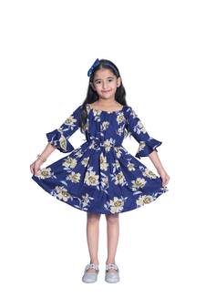 Baby Girl's Blue Flower Desgin Square Neck Polycrepe 3/4 Sleeve Knee Length Dress(WLT-277_1-2 Years)